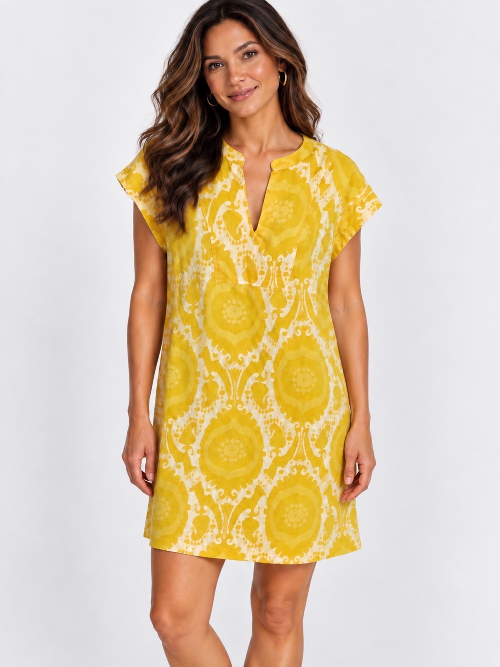 Uncle Frank Linen Yellow Ikat Damask Skully
Shift Tunic Dress mandarin collar XL